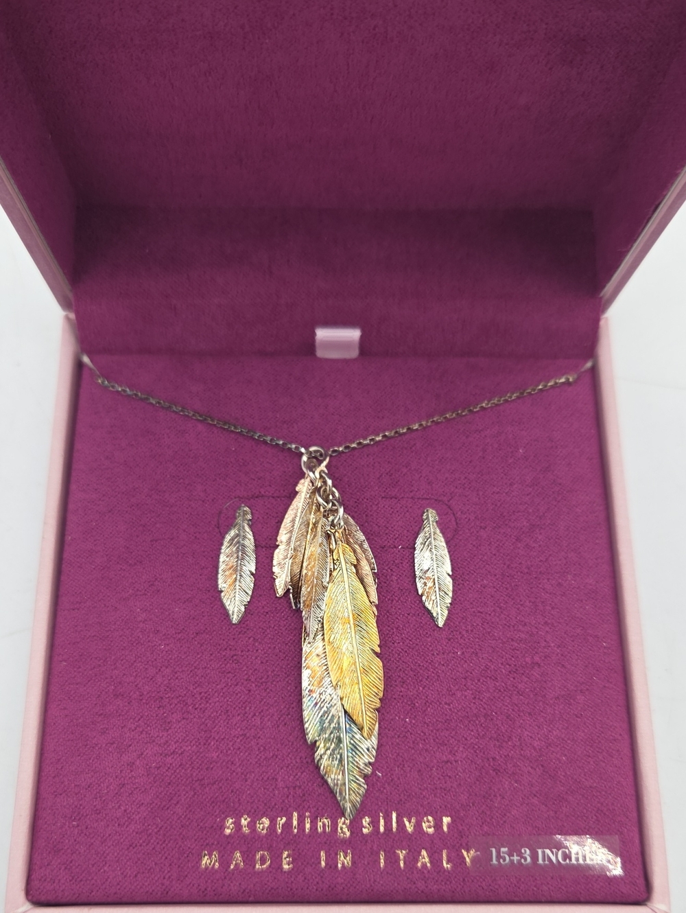 Mia Fiore Sterling Silver Tri-Tone Feather Necklace and Earring Set